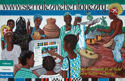 A mural promoting the SierraLeoneHeritage.org resource painted on the wall of the Sierra Leone National Museum by the Freetown-based artist Julius Parker