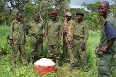 Nigeria National Park rangers with a newly completed beacon demarcating the  important wildlife and forest reserve. Photo David Dennett