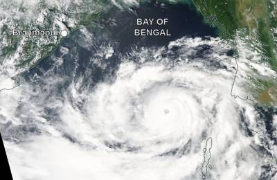 Cyclone Phailin over the Bay of Bengal on 10 October 2013. At this time  Phailin was a violent storm with 1-min sustained winds peaking at about 115mph. Image courtesy of NASA World View.