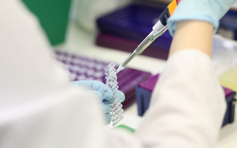 Scientist pipetting liquid in to PCR tube