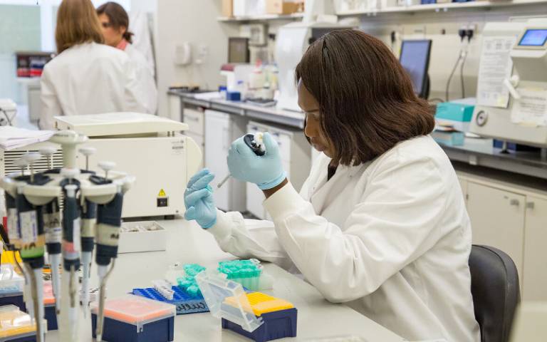 Image shows postgraduate students working in a laboratory