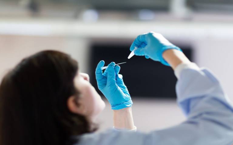 Image shows researcher holding up pipette tip and PCR tube