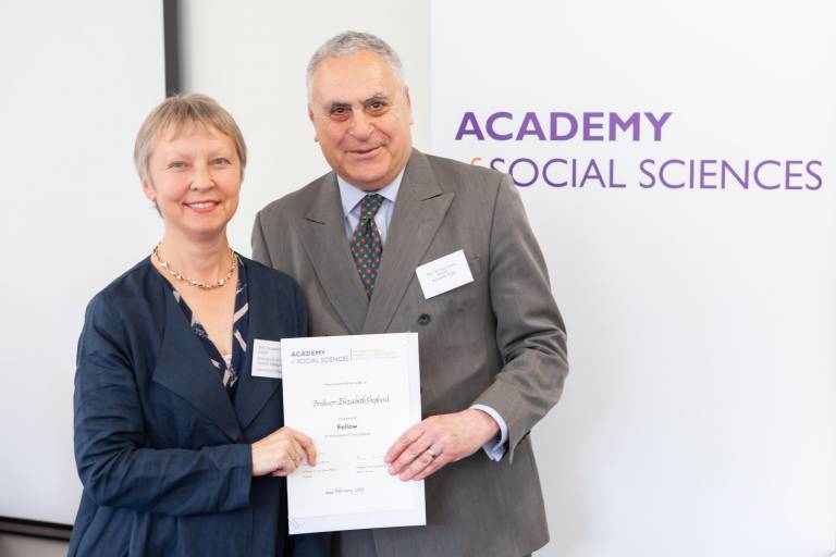 Professor Elizabeth Shepherd being awarded the Fellowship of the Academy of Social Sciences by its President, Professor Sir Ivor Crewe, at the AGM in London
