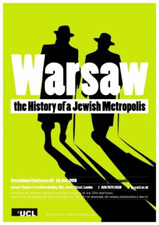 Warsaw conference poster- bright green with two men silhouetted 