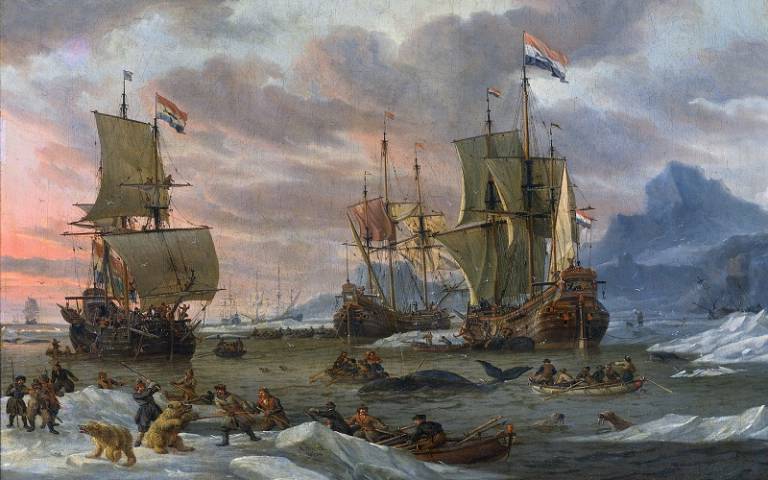 painting of Dutch sailing boats, Abraham Storck, Walvisvangst