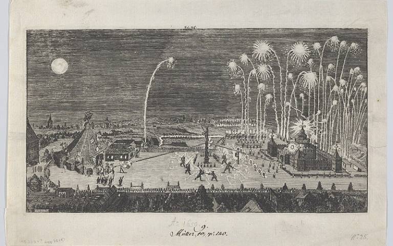 Fireworks display celebrating the end of the Thirty Years War, Nuremberg, 1650, print, anonymous, after Peter Troschel, CC0, via Wikimedia Commons