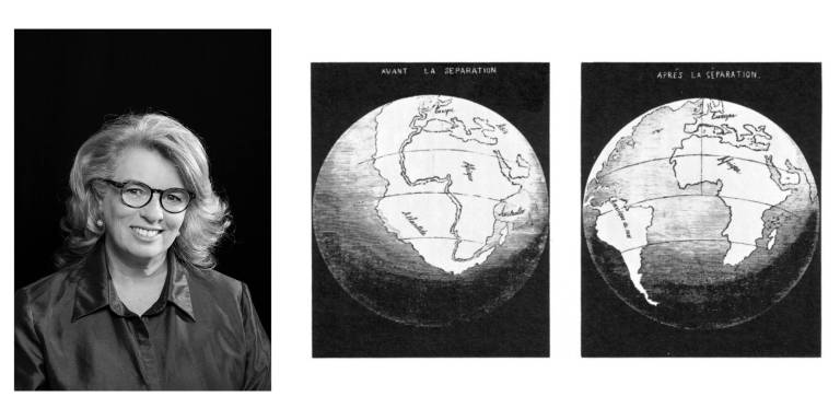 Black and white portrait of the speaker on the left and two black and white drawings of Earth on the right when the continents were not yet seperated and then seperated