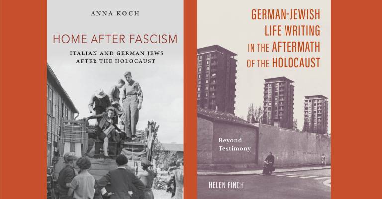 On red background two book covers with black and white depictions of post war time scenes