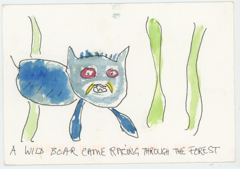 A child-like watercolour drawing by Michael Taussig, depicting a wild boar. Cat shaped it enters the image from the left. Blue body, red eyes. three vertical green lines give a sense of high grass in the background.