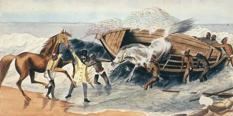 watercolour of men pulling boat onto shore, waves of the south