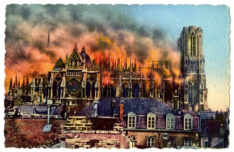 Reims Cathedral burning during World War I