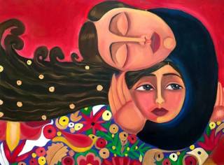 painting of two people embracing, 'Shelter' by Malak Mattar