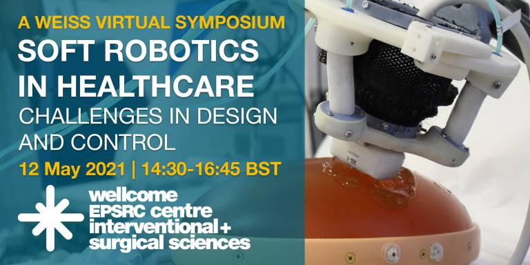 Virtual poster for soft robotics symposium showing an image of a soft robot, 12 May, 14:30-16:45 BST