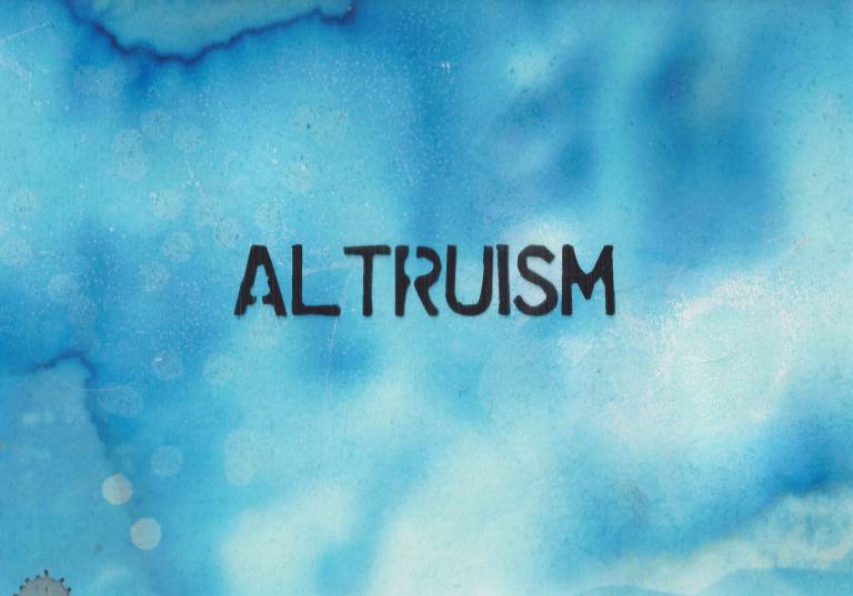 Blue abstract image with word 'Altruism' printed in white