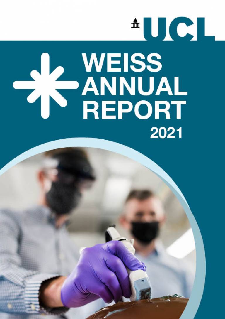 2021 WEISS annual report cover showing image of someone performing ultrasound whilst wearing a VR headset
