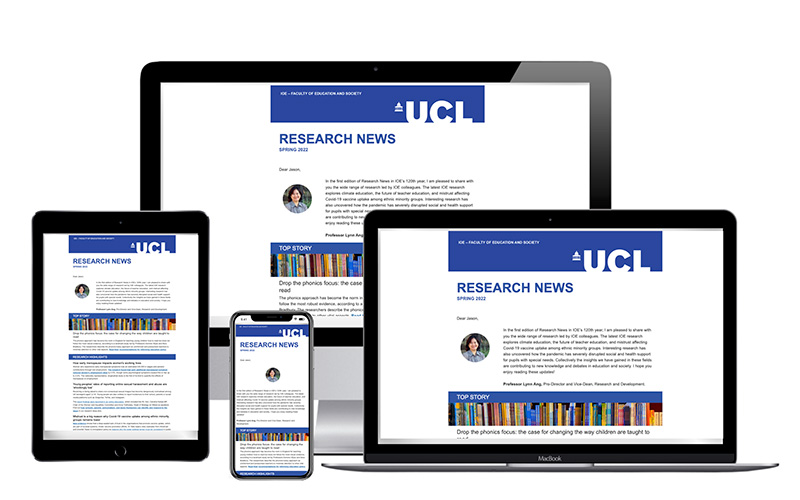 IOE Research News email as displayed on devices including a tablet, mobile phone, laptop, desktop computer