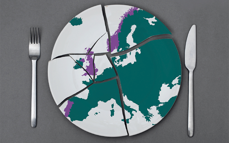 Illustration of map of Europe depicted as broken plate