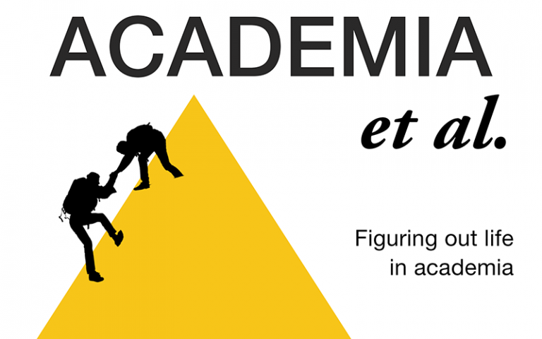 Academia et al: Figuring out life in academia. Yellow triangle with two human figures helping each other climb up its slope.