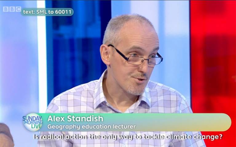 A screenshot of Dr Alex Standish appearing on BBC One's Sunday Morning Live