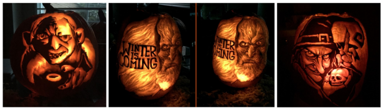 Three carved pumpkin designs showing Golum (Lord of the Rings), 'Winter Is Coming' and a White Walker (Game of Thrones), and a witch and cauldron, by Andrea Gauthier.