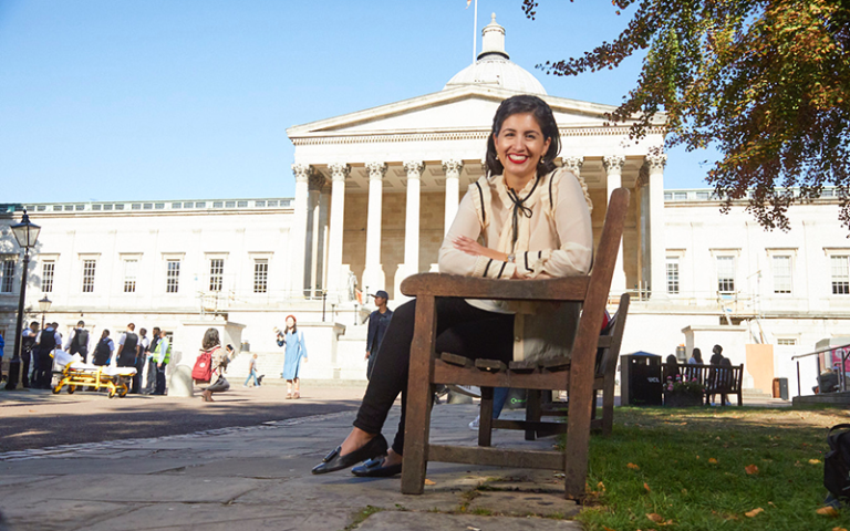 Dr Anissa Moeini in front of the UCL Portico. Image permission: Anissa Moeini.