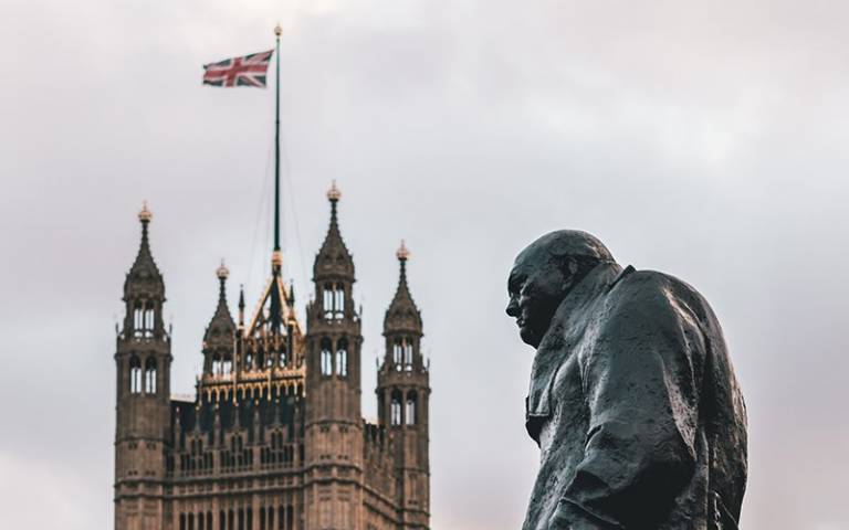 British flag and Winston Churchill statue