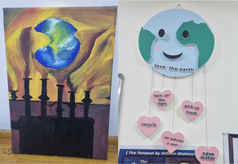 Artwork produced by students representing the Earth, industrial pollution, and sustainability themes. Shared with permission from British Council Iraq.