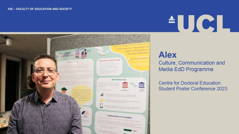 A photo of Alex in front of his research poster. Image credit: IOE Social Media.