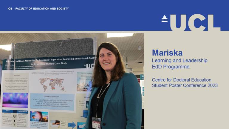 A photo of Mariska in front of her research poster. Image credit: IOE Social Media.
