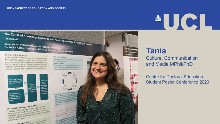 A photo of Tania in front of her research poster. Image credit: IOE Social Media.