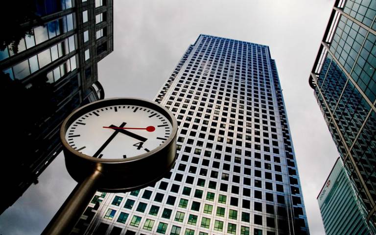 Clock in Canary Wharf. Image: 'Time' by Laurence Edmondson via Flickr (CC BY-ND 2.0)