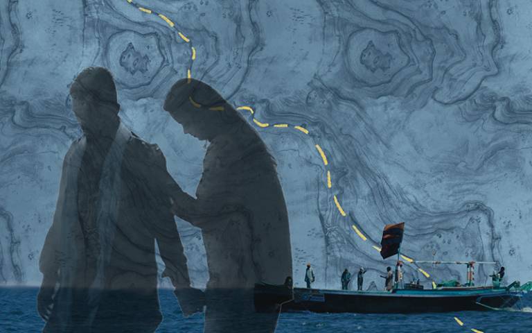 The film poster shows two shadows bowing their heads in sadness. In the background is a ship on the sea. Image credit: BHASHAILI (ADRIFT).