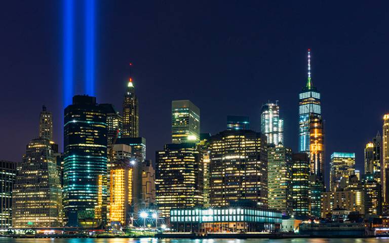 9/11 tribute in light at Brooklyn Bridge Park, United States. Image: Dan Gold via Unsplash