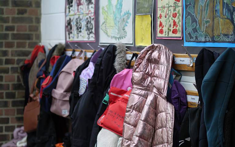 Assortment of coats in a primary school corridor. Image: Phil Meech for UCL Institute of Education