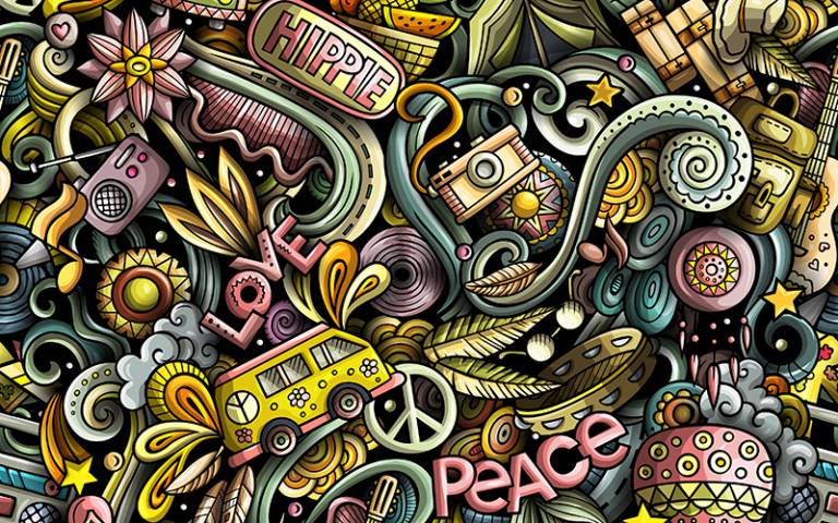 Hippie hand drawn doodles seamless pattern. Hippy background. Adobe Stock / balabolka
