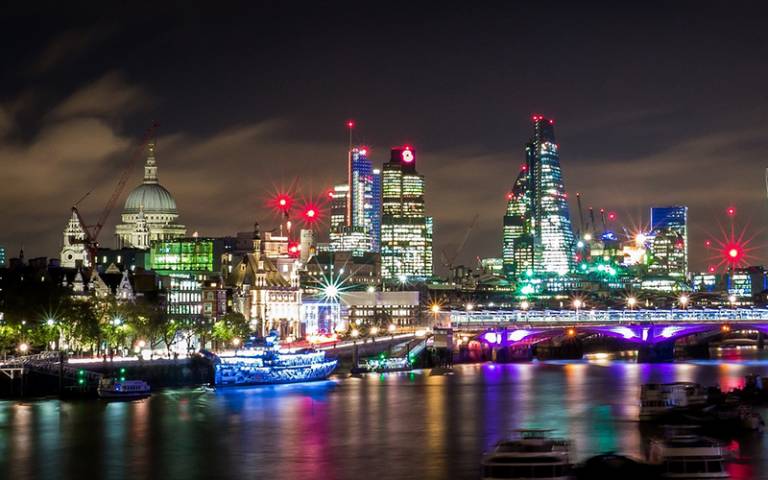 View of London at night looking eastward from Waterloo bridge
