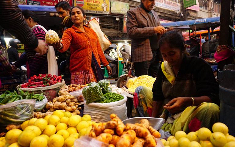 Fruit and vegetables being sold at a food market in New Delhi, India