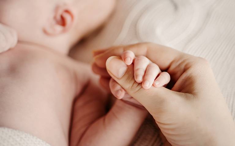 Newborn baby in mum's big hand. Photo by Irina / Adobe Stock.
