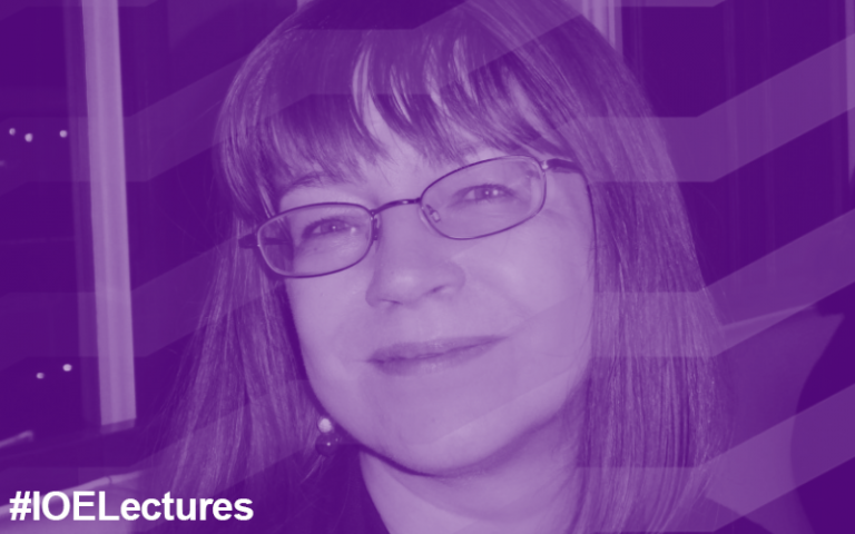 Image of Chloe Marshall with purple overlay and text saying '#IOELectures'. 