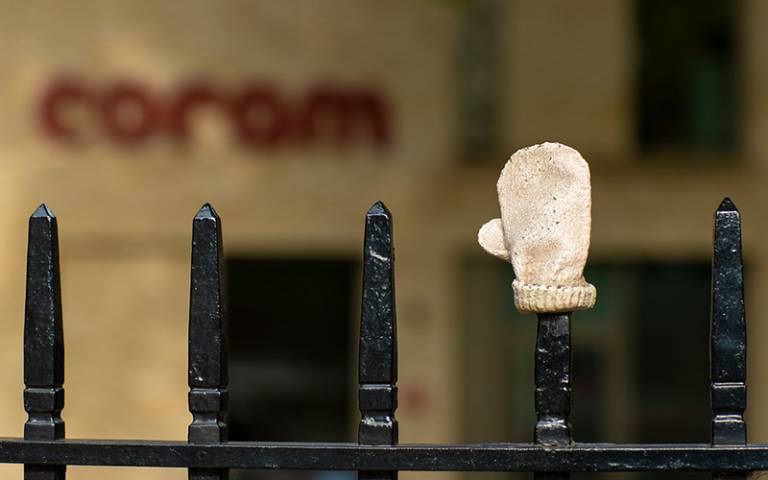 Tracey Emin’s modern art installation, Baby Things [Mitten] 2008 on railings outside Foundling Museum. Image: Mary Hinkley for UCL Digital Media