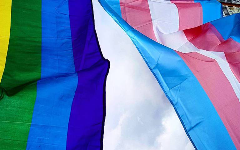 Trans and pride flags. Credit: Smirkybec via Wikimedia Commons, CC BY-SA 4.0 DEED.