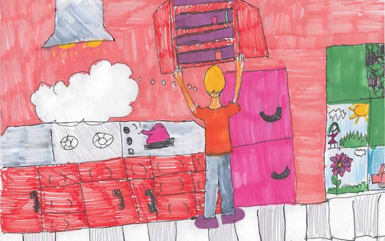 Child's illustration of a kitchen with a chicken on a countertop with a person looking at an empty cupboard