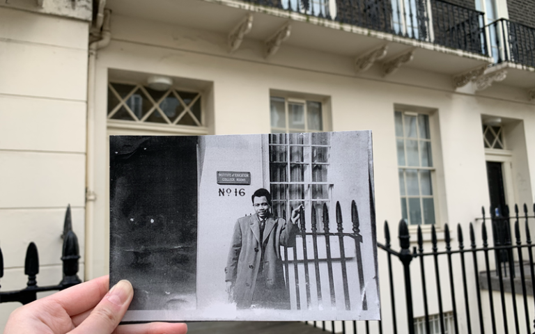 An old photo of Firman Djaelani in front of a building on Endsleigh street, reenacted in modern day against the same building. Credit: IOE Marcomms.