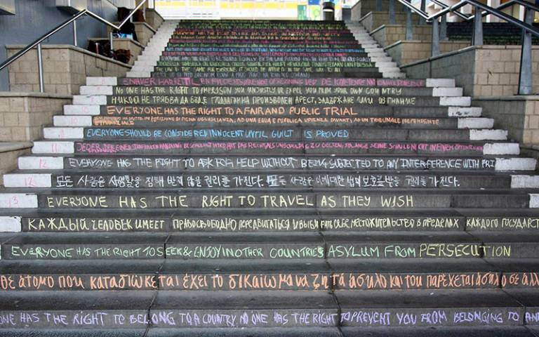 Universal Declaration of Human Rights written on steps at the University of Essex