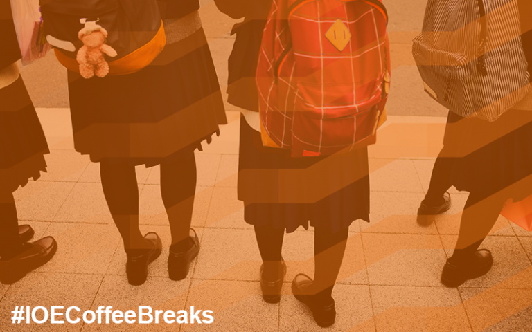 #IOECoffeeBreaks on image of girls in school uniforms with large rucksacks on