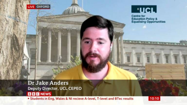 Dr Jake Anders on the BBC News channel discussing 2022 A-level results. (Screengrab: BBC News channel)