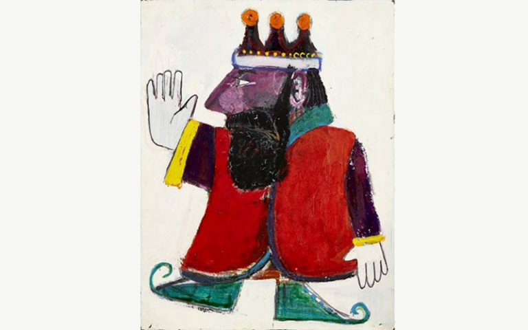 A boldly coloured mixed media drawing of a king holding up a hand. Reproduced with kind permission of the John Burningham Estate