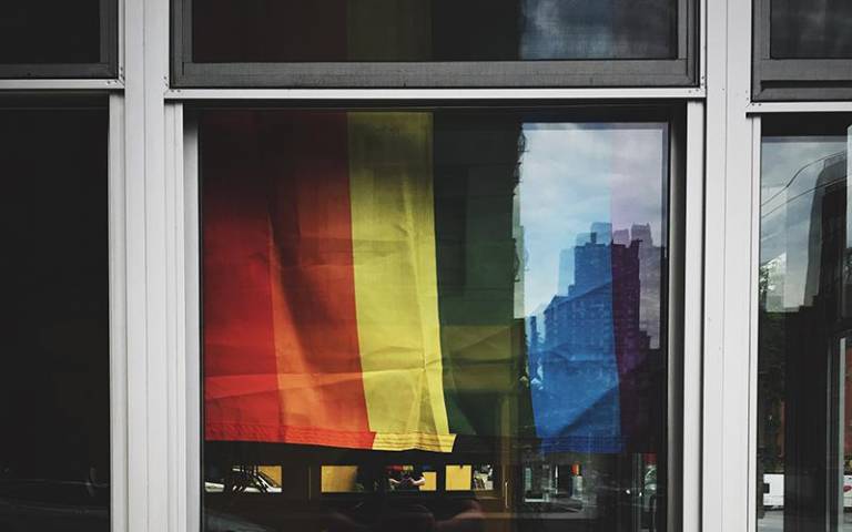 LGBT rainbow flag in a window