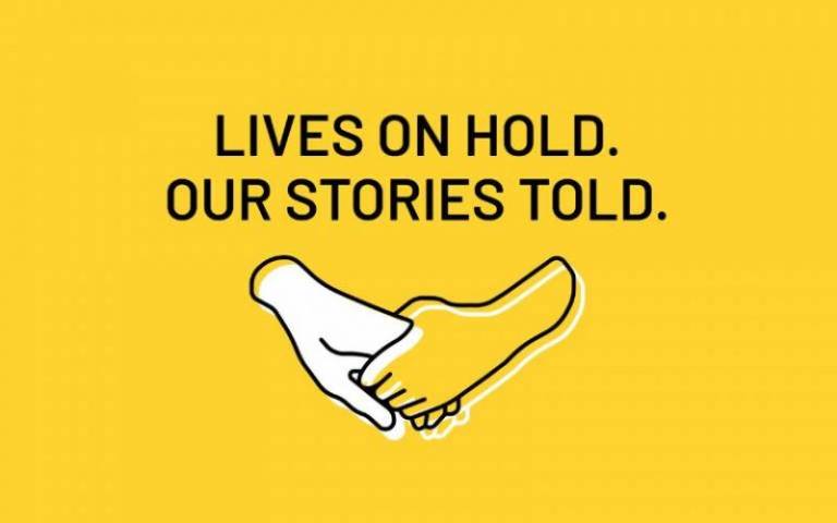 Two hands holding each other. Logo for the 'Lives on hold, our stories told' project