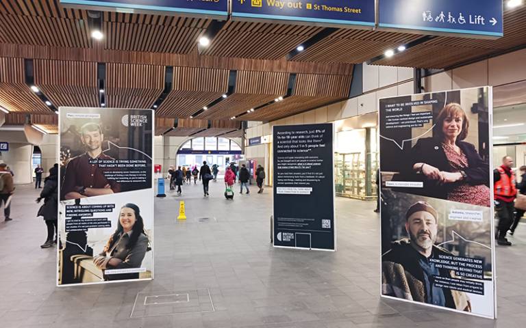 A photography installation at London Bridge Station, with Liz Halstead positioned bottom left. Image credit: British Science Association.